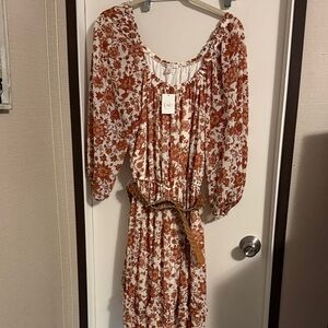 GAP Women's Floral Long Sleeve Dress - Rust and White